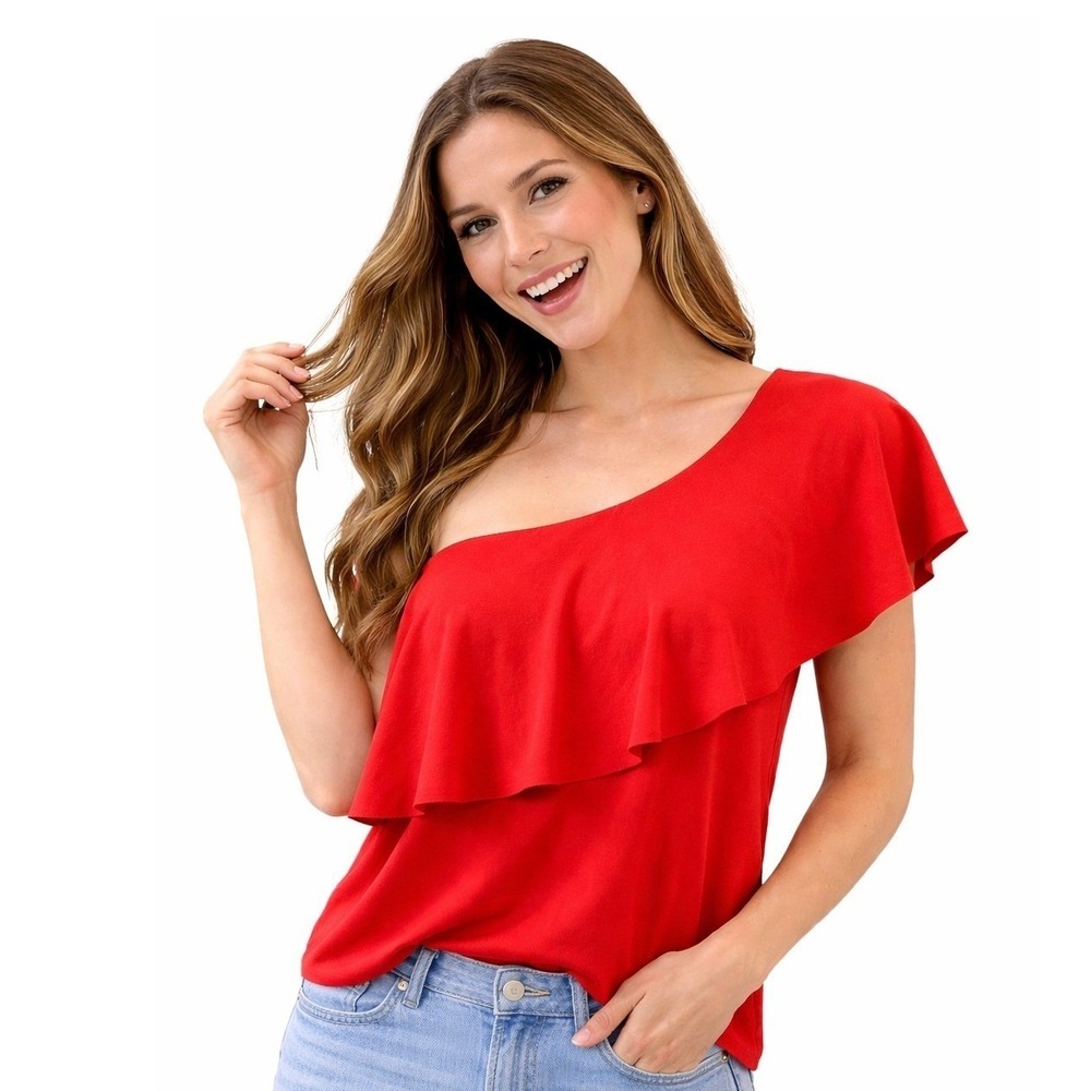 H.I.P. One Shoulder Top Women Large Red Ruffle Sleeve Asymmetrical Blouse New‎